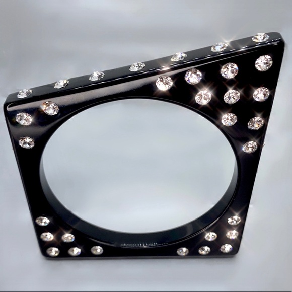 Black Acrylic Bangle Bracelet, Geometric Shaped, Swarovski Crystal Rhinestones - Picture 11 of 14